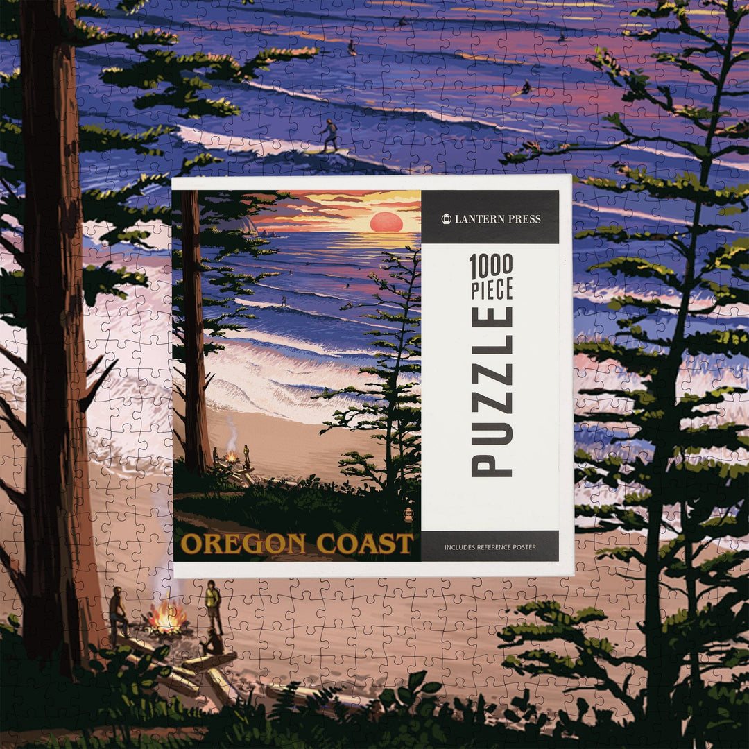 Oregon Coast, Sunset Surfers, Jigsaw Puzzle Puzzle Lantern Press 