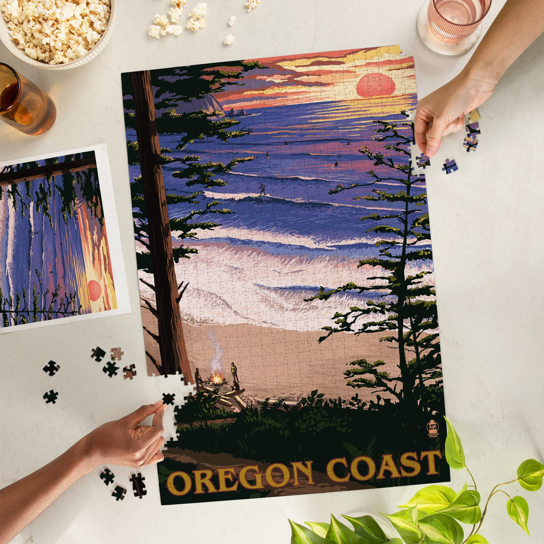 Oregon Coast, Sunset Surfers, Jigsaw Puzzle Puzzle Lantern Press 