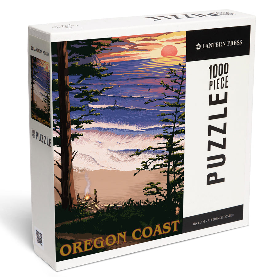 Oregon Coast, Sunset Surfers, Jigsaw Puzzle Puzzle Lantern Press 