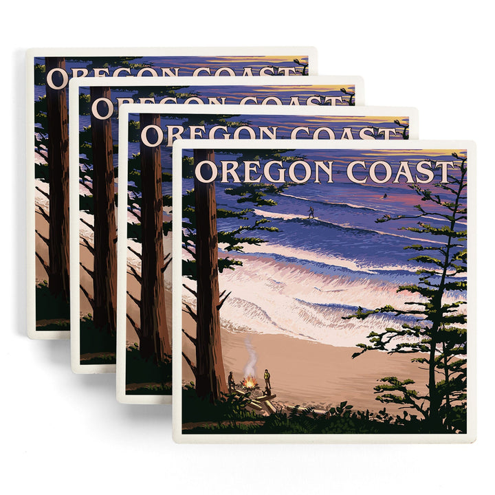 Oregon Coast, Sunset Surfers, Lantern Press Artwork, Coaster Set Coasters Lantern Press 