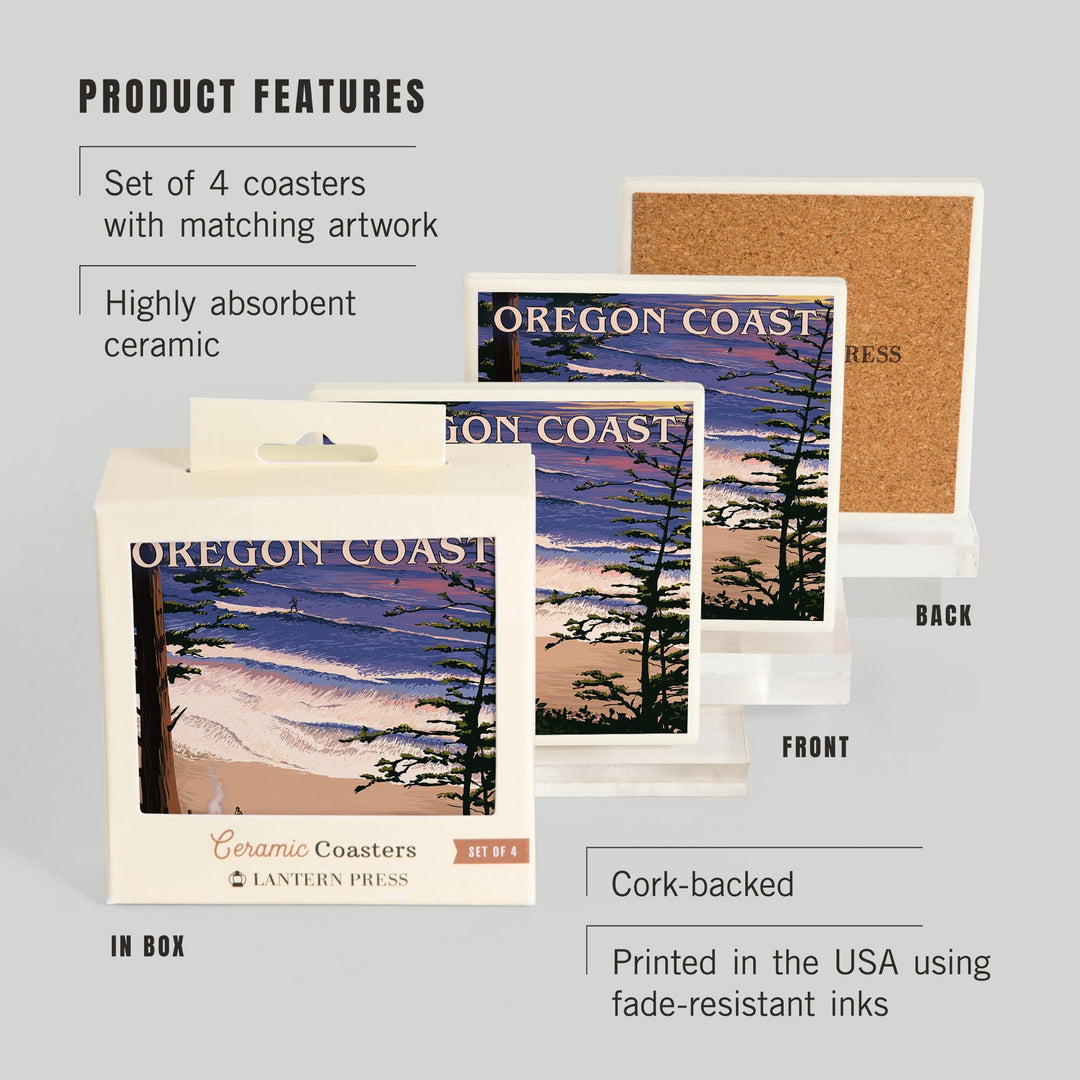 Oregon Coast, Sunset Surfers, Lantern Press Artwork, Coaster Set Coasters Lantern Press 