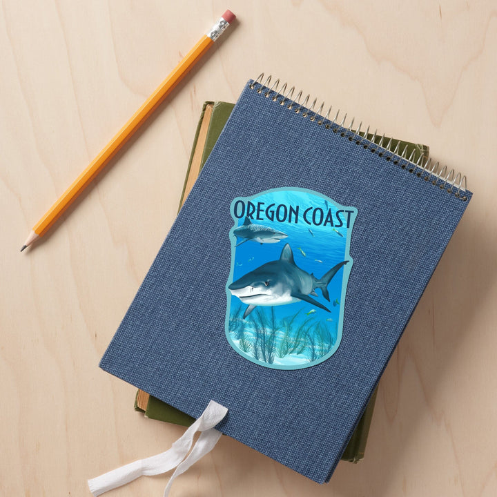 Oregon Coast, Tiger Sharks, Contour, Vinyl Sticker Sticker Lantern Press 