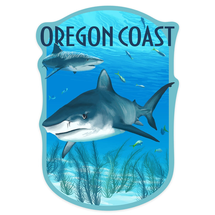 Oregon Coast, Tiger Sharks, Contour, Vinyl Sticker Sticker Lantern Press 