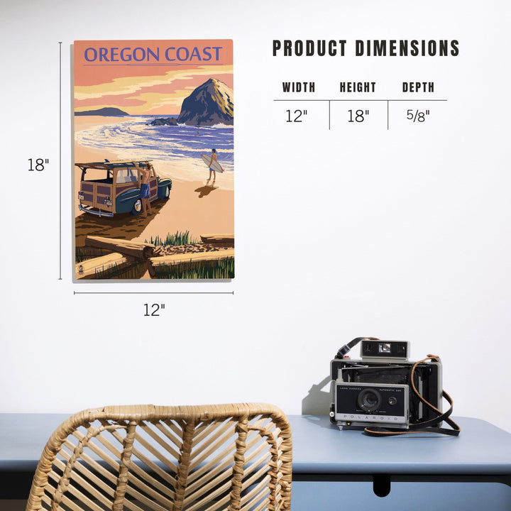 Oregon Coast, Woody with Haystack Rock, Lantern Press Artwork, Wood Signs and Postcards Wood Lantern Press 