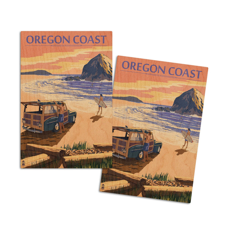 Oregon Coast, Woody with Haystack Rock, Lantern Press Artwork, Wood Signs and Postcards Wood Lantern Press 4x6 Wood Postcard Set 