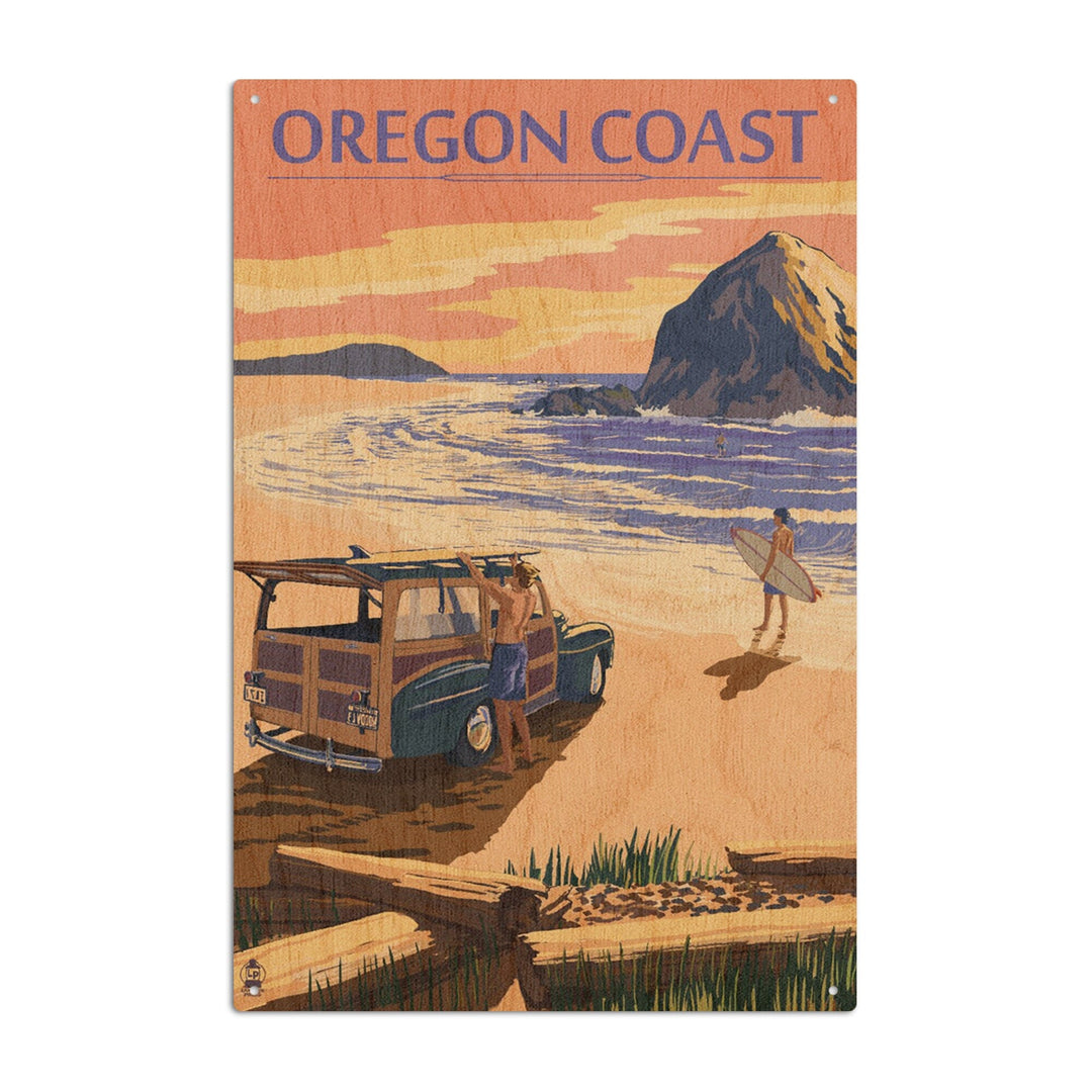 Oregon Coast, Woody with Haystack Rock, Lantern Press Artwork, Wood Signs and Postcards Wood Lantern Press 6x9 Wood Sign 