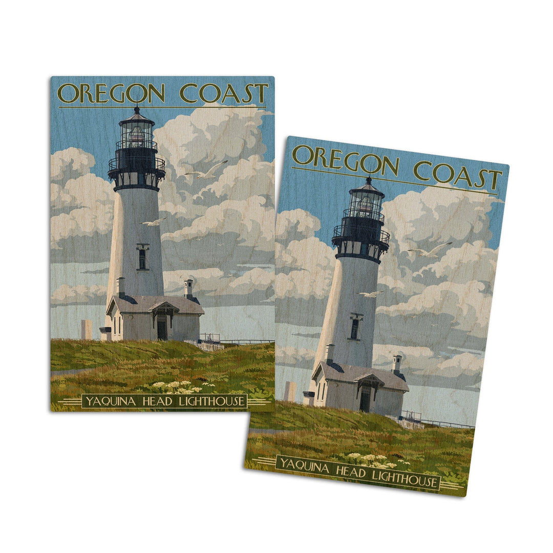 Oregon Coast, Yaquina Head Lighthouse, Lantern Press Artwork, Wood Signs and Postcards Wood Lantern Press 4x6 Wood Postcard Set 