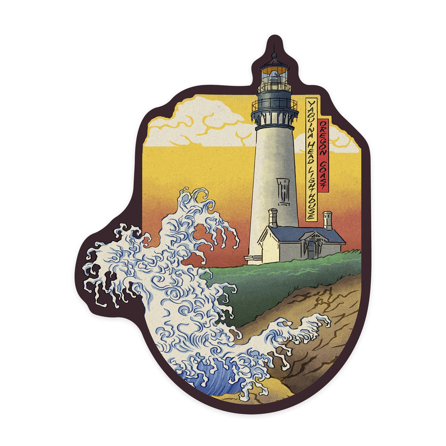 Oregon Coast, Yaquina Head Lighthouse, Woodblock Print, Contour, Lantern Press Artwork, Vinyl Sticker Sticker Lantern Press 