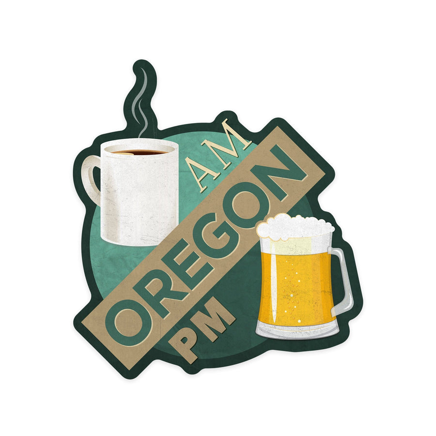 Oregon, Coffee AM Beer PM, Contour, Lantern Press Artwork, Vinyl Sticker Sticker Lantern Press 
