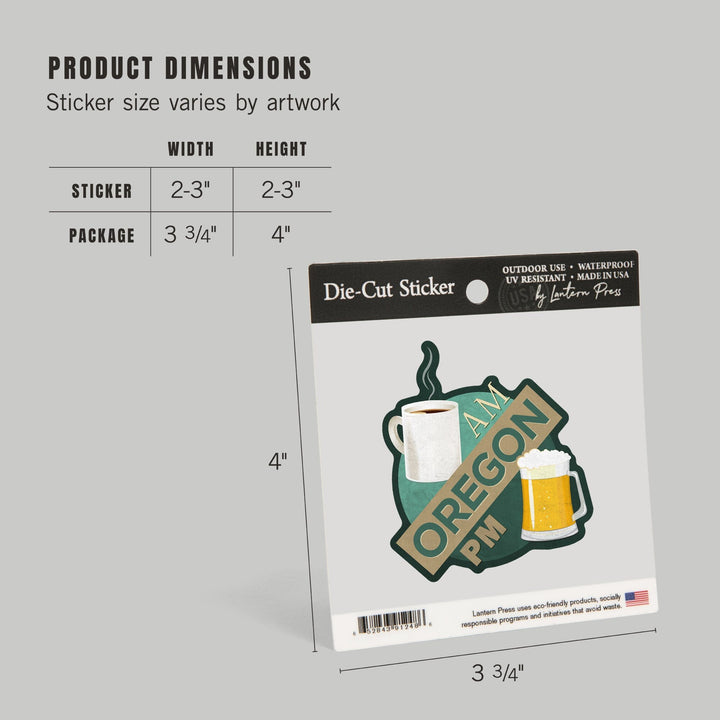 Oregon, Coffee AM Beer PM, Contour, Vinyl Sticker Sticker Lantern Press 