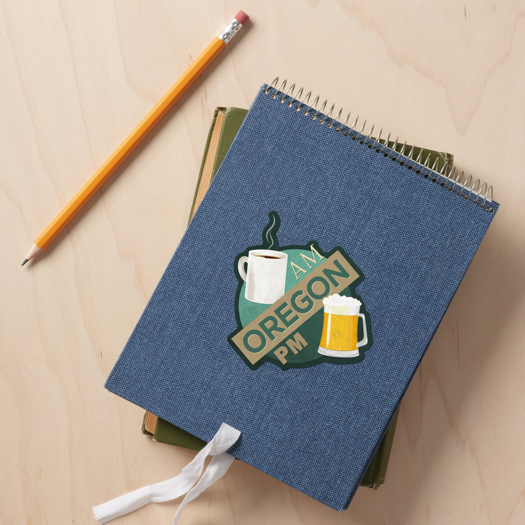 Oregon, Coffee AM Beer PM, Contour, Vinyl Sticker Sticker Lantern Press 