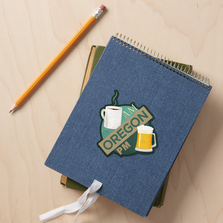 Oregon, Coffee AM Beer PM, Contour, Vinyl Sticker Sticker Lantern Press 