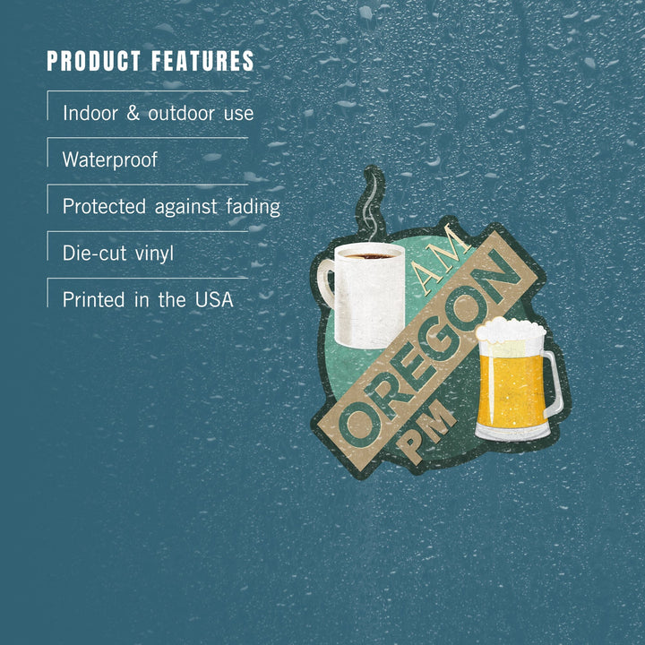 Oregon, Coffee AM Beer PM, Contour, Vinyl Sticker Sticker Lantern Press 