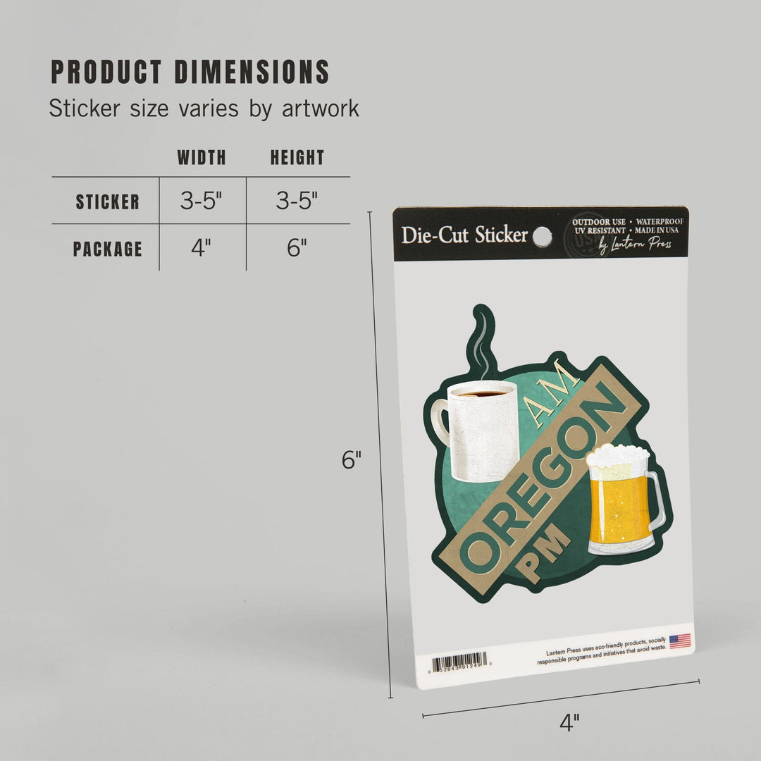 Oregon, Coffee AM Beer PM, Contour, Vinyl Sticker Sticker Lantern Press 