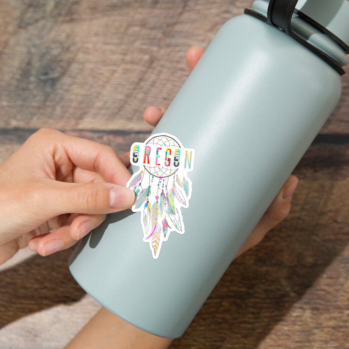 Oregon, Colorful Feathers, Dreamcatcher, Contour, Vinyl Sticker Sticker Lantern Press 