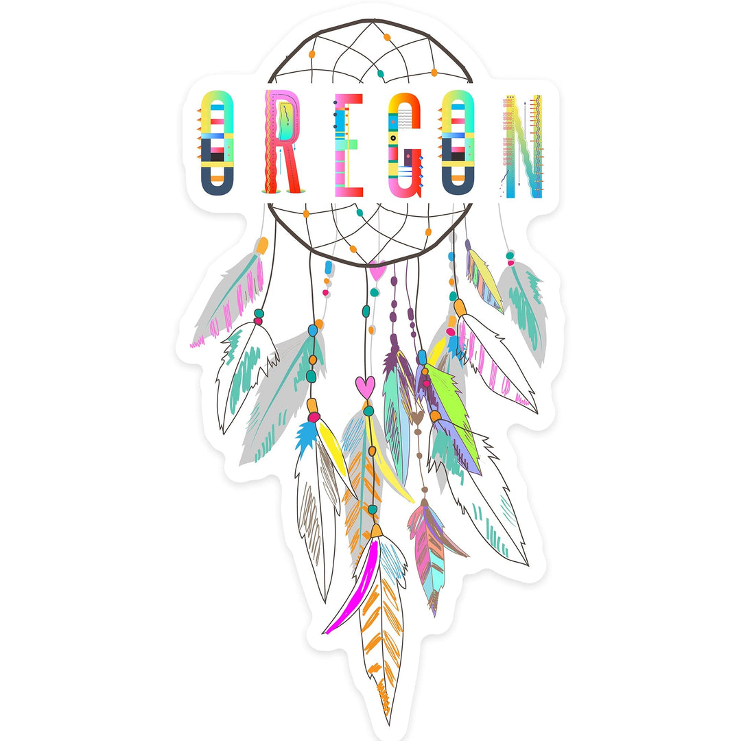 Oregon, Colorful Feathers, Dreamcatcher, Contour, Vinyl Sticker Sticker Lantern Press 