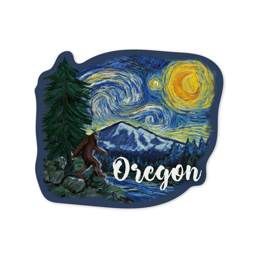 Oregon, Columbia River, Bigfoot, Starry Night, Contour, Vinyl Sticker Sticker Lantern Press 