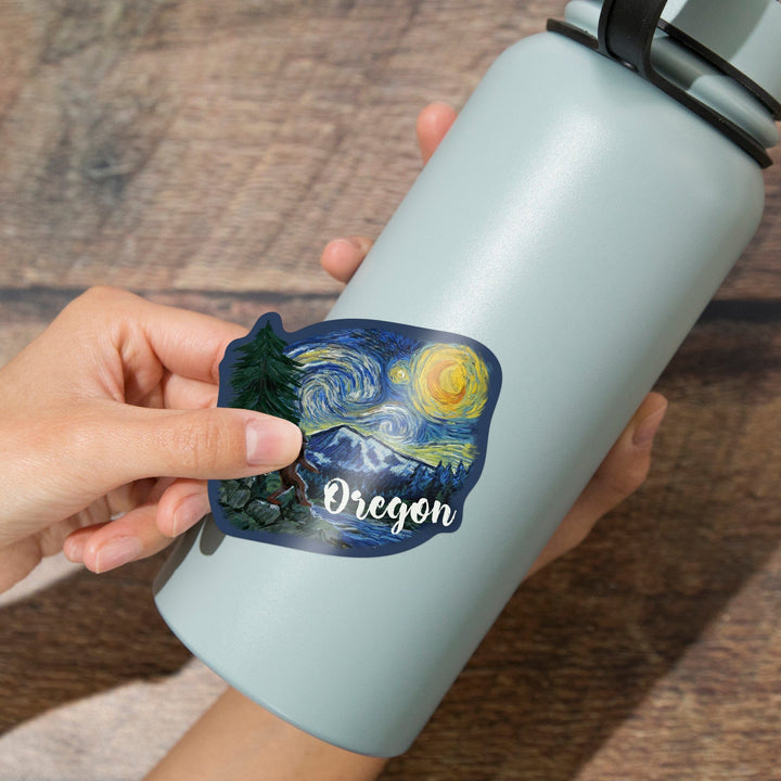 Oregon, Columbia River, Bigfoot, Starry Night, Contour, Vinyl Sticker Sticker Lantern Press 