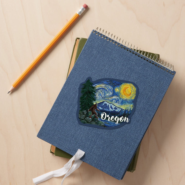 Oregon, Columbia River, Bigfoot, Starry Night, Contour, Vinyl Sticker Sticker Lantern Press 