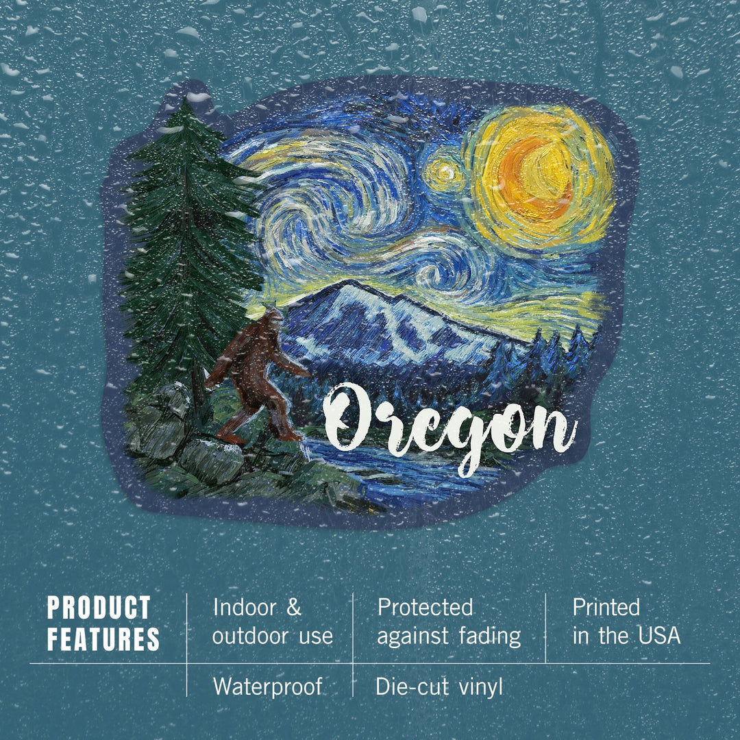 Oregon, Columbia River, Bigfoot, Starry Night, Contour, Vinyl Sticker Sticker Lantern Press 