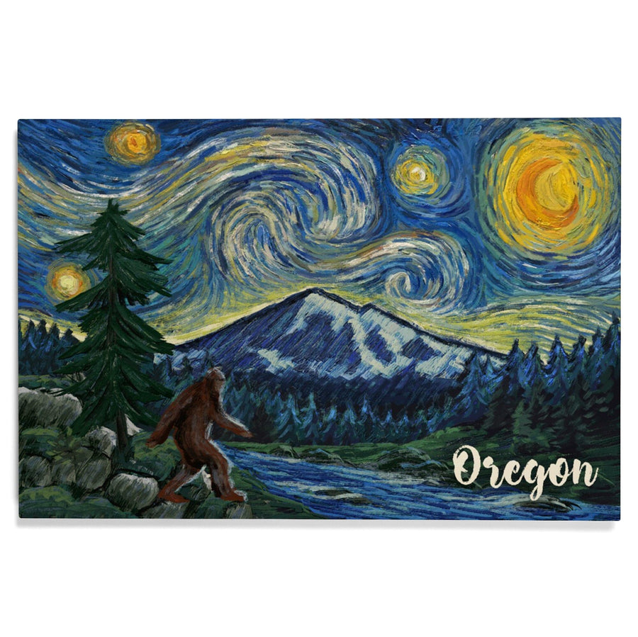 Oregon, Columbia River, Bigfoot, Starry Night, Lantern Press Artwork, Wood Signs and Postcards Wood Lantern Press 