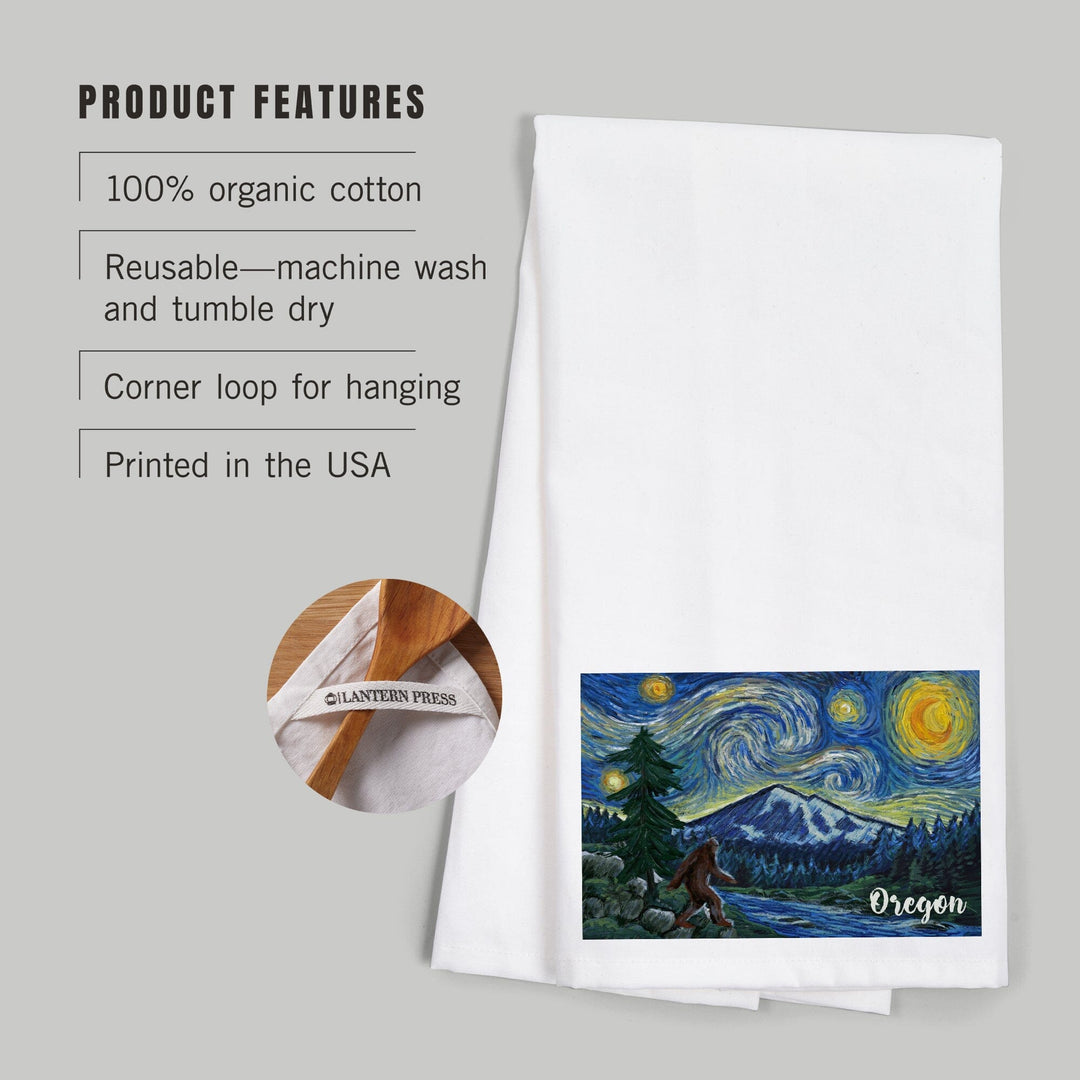 Oregon, Columbia River, Bigfoot, Starry Night, Organic Cotton Kitchen Tea Towels Kitchen Lantern Press 