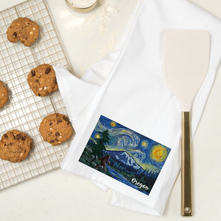 Oregon, Columbia River, Bigfoot, Starry Night, Organic Cotton Kitchen Tea Towels Kitchen Lantern Press 