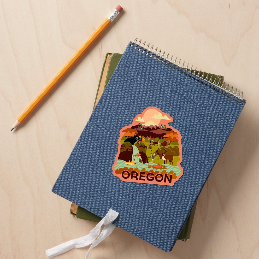 Oregon, Fishing River, Geometric, Contour, Vinyl Sticker Sticker Lantern Press 