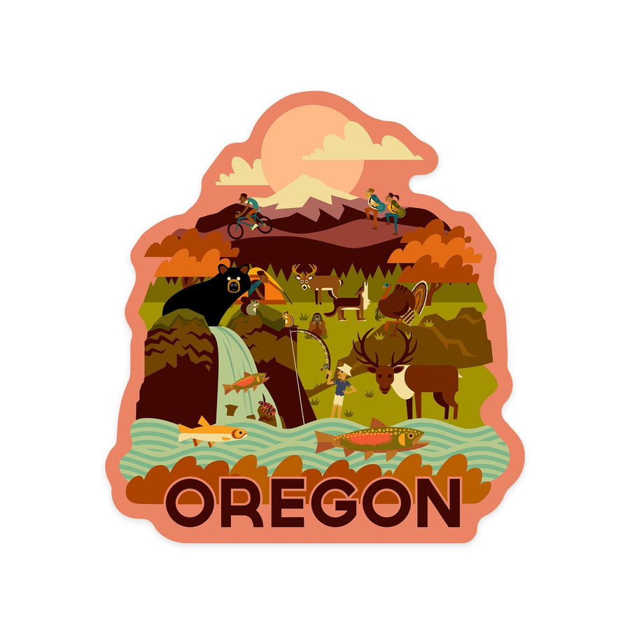 Oregon, Fishing River, Geometric, Contour, Vinyl Sticker Sticker Lantern Press 