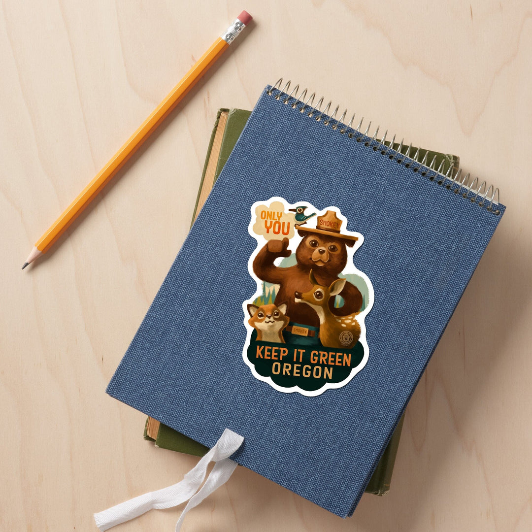 Oregon, Keep It Green, Smokey Bear and Friends, Only You, Contour, Vinyl Sticker Sticker Lantern Press 