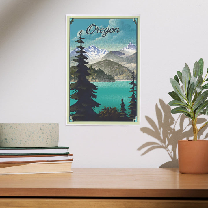 Oregon Lake and Mountains, Lithograph, Art & Giclee Prints Art Lantern Press 