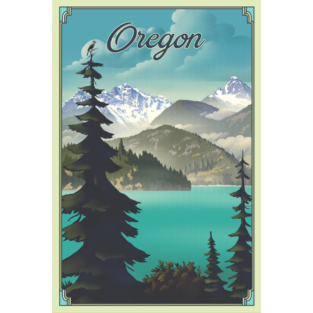 Oregon Lake and Mountains, Lithograph, Stretched Canvas Canvas Lantern Press 