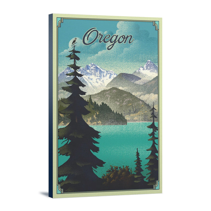 Oregon Lake and Mountains, Lithograph, Stretched Canvas Canvas Lantern Press 