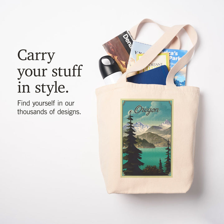 Oregon Lake and Mountains, Lithograph, Tote Bag Totes Lantern Press 