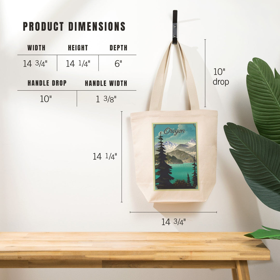 Oregon Lake and Mountains, Lithograph, Tote Bag Totes Lantern Press 