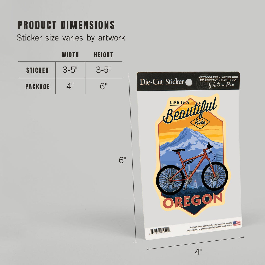 Oregon, Life is a Beautiful Ride, Bike and Mt. Hood, Contour, Vinyl Sticker Sticker Lantern Press 