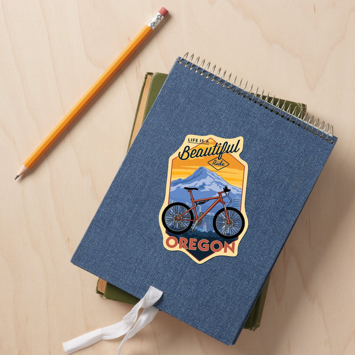 Oregon, Life is a Beautiful Ride, Bike and Mt. Hood, Contour, Vinyl Sticker Sticker Lantern Press 