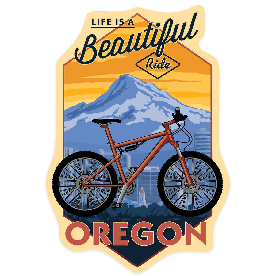 Oregon, Life is a Beautiful Ride, Bike and Mt. Hood, Contour, Vinyl Sticker Sticker Lantern Press 