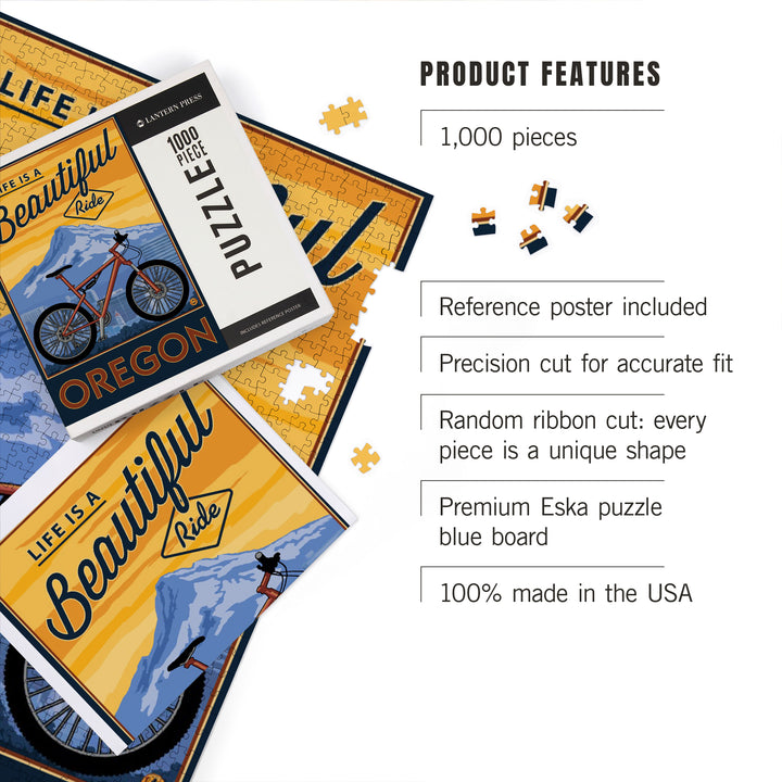 Oregon, Life is a Beautiful Ride, Mountain Bike and Mt. Hood, Jigsaw Puzzle Puzzle Lantern Press 