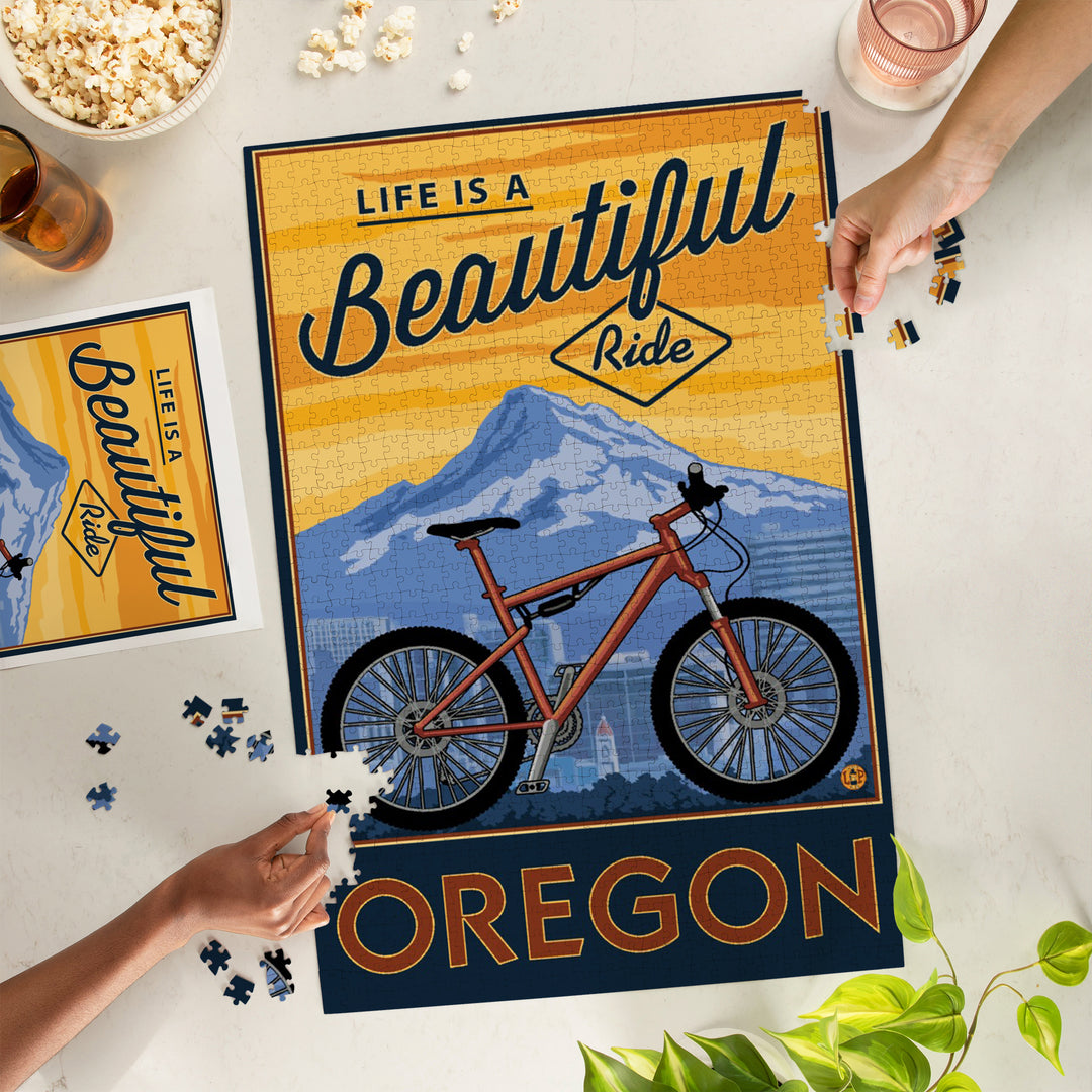 Oregon, Life is a Beautiful Ride, Mountain Bike and Mt. Hood, Jigsaw Puzzle Puzzle Lantern Press 