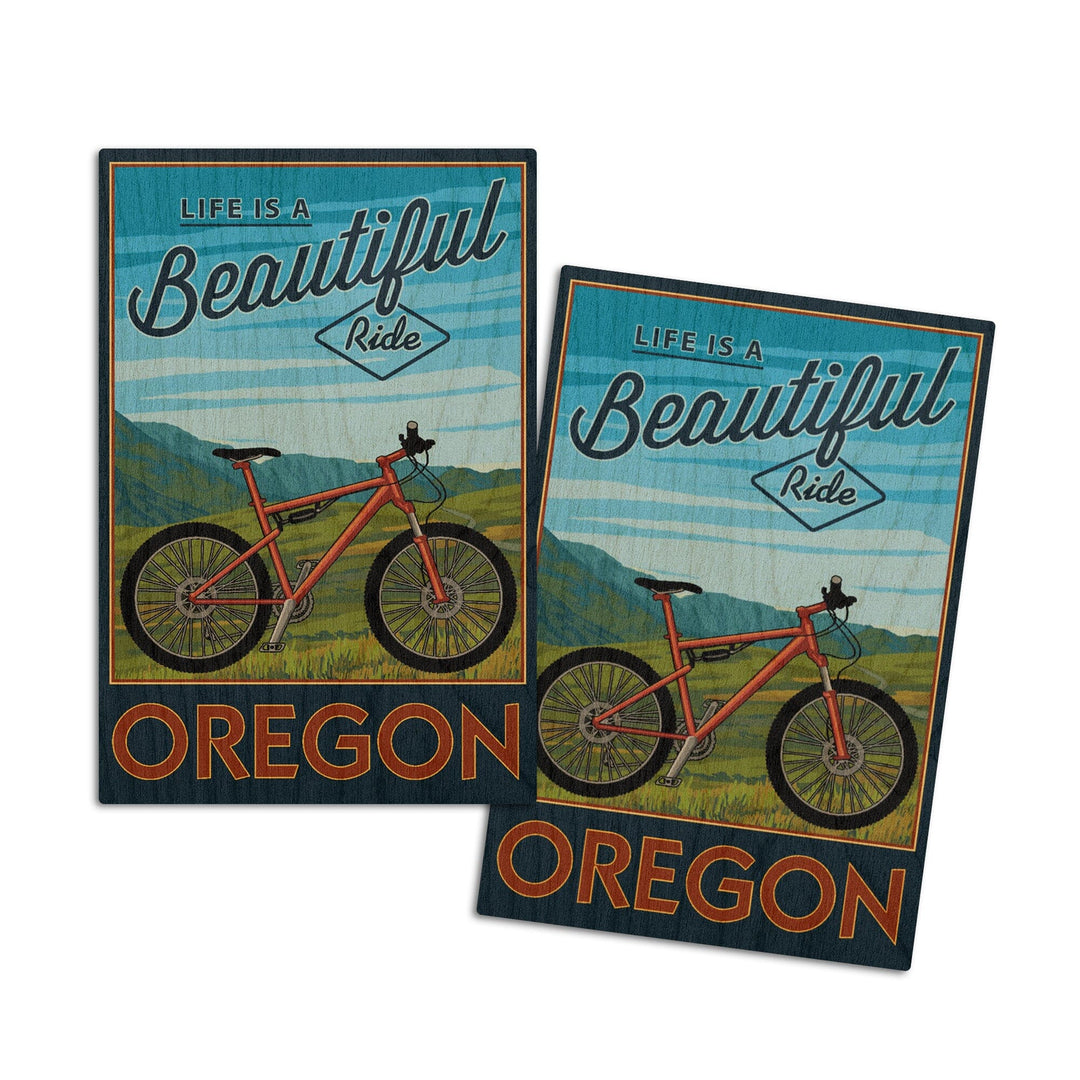 Oregon, Life is a Beautiful Ride, Mountain Bike Scene, Lantern Press Artwork, Wood Signs and Postcards Wood Lantern Press 4x6 Wood Postcard Set 