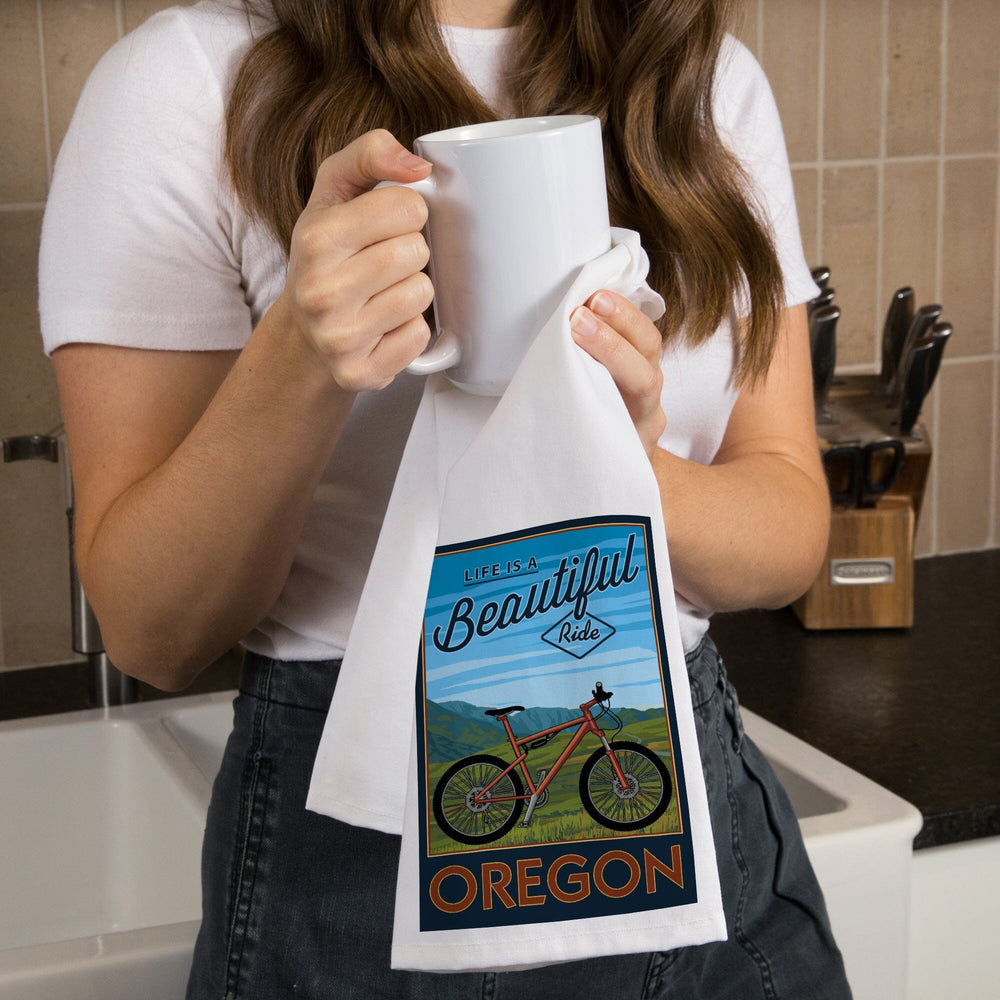 Oregon, Life is a Beautiful Ride, Mountain Bike Scene, Organic Cotton Kitchen Tea Towels Kitchen Lantern Press 
