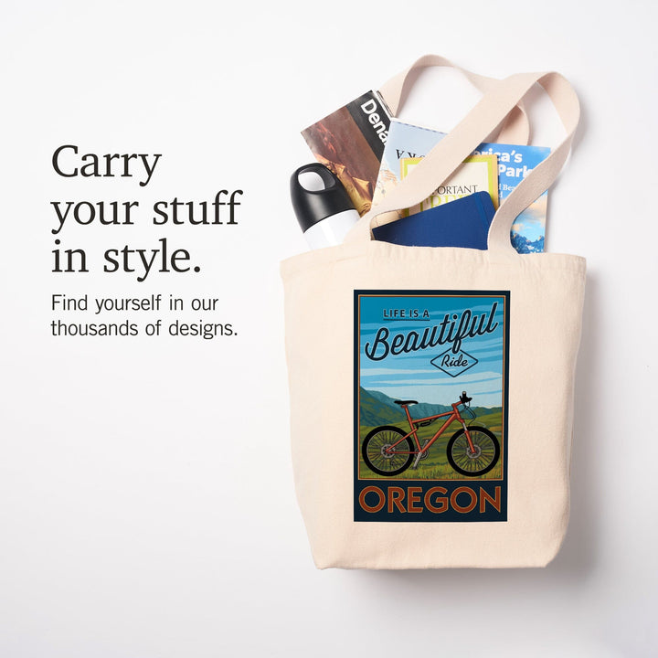 Oregon, Life is a Beautiful Ride, Mountain Bike Scene, Tote Bag Totes Lantern Press 