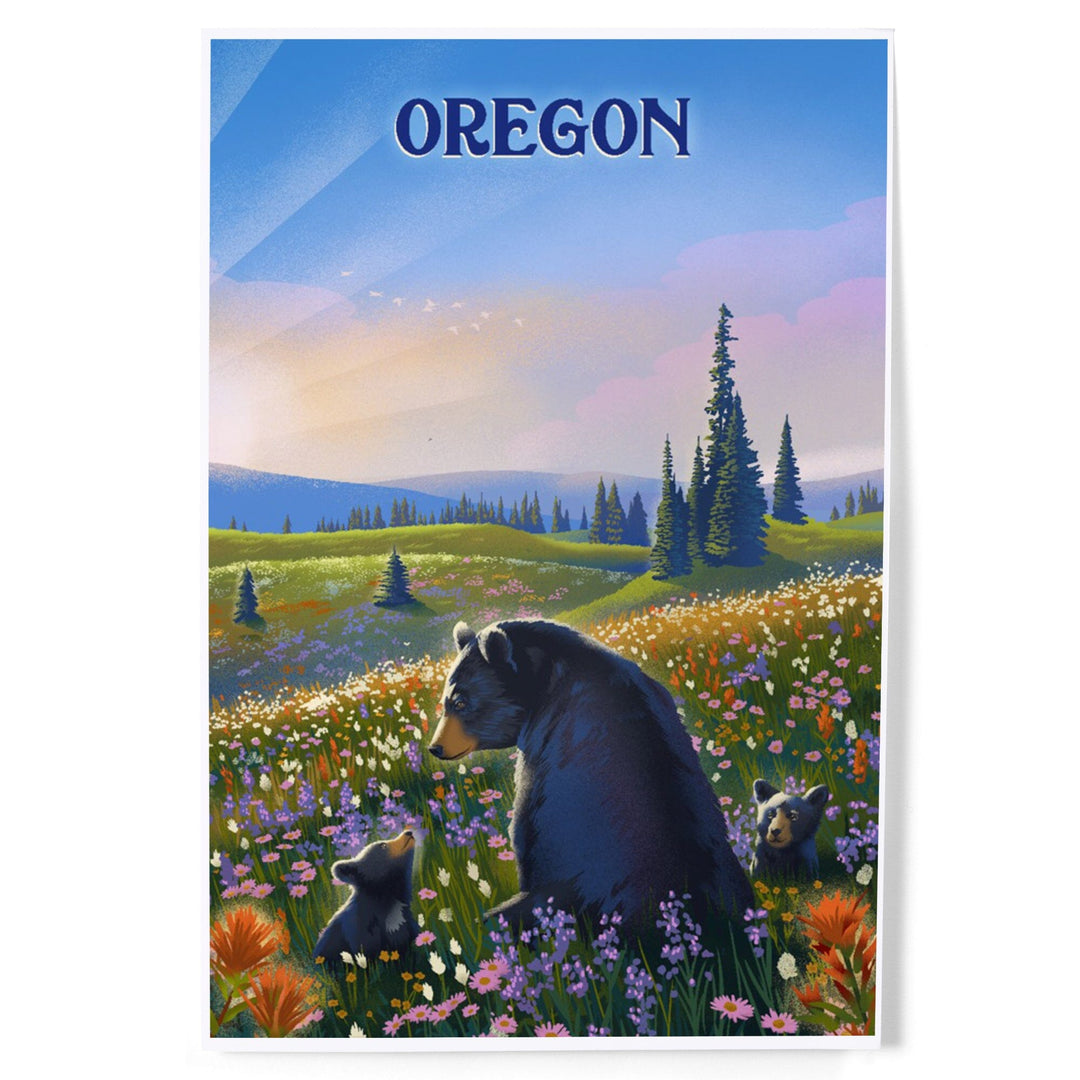 Oregon, Lithograph, Bear Family in Field, Art & Giclee Prints Art Lantern Press 
