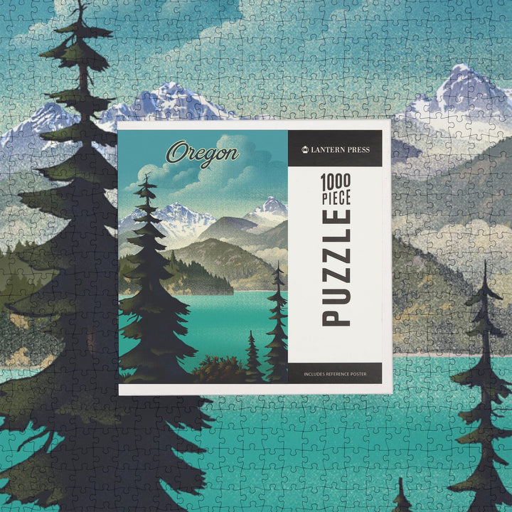 Oregon, Lithograph, Lake and Mountain Scene, Jigsaw Puzzle Puzzle Lantern Press 