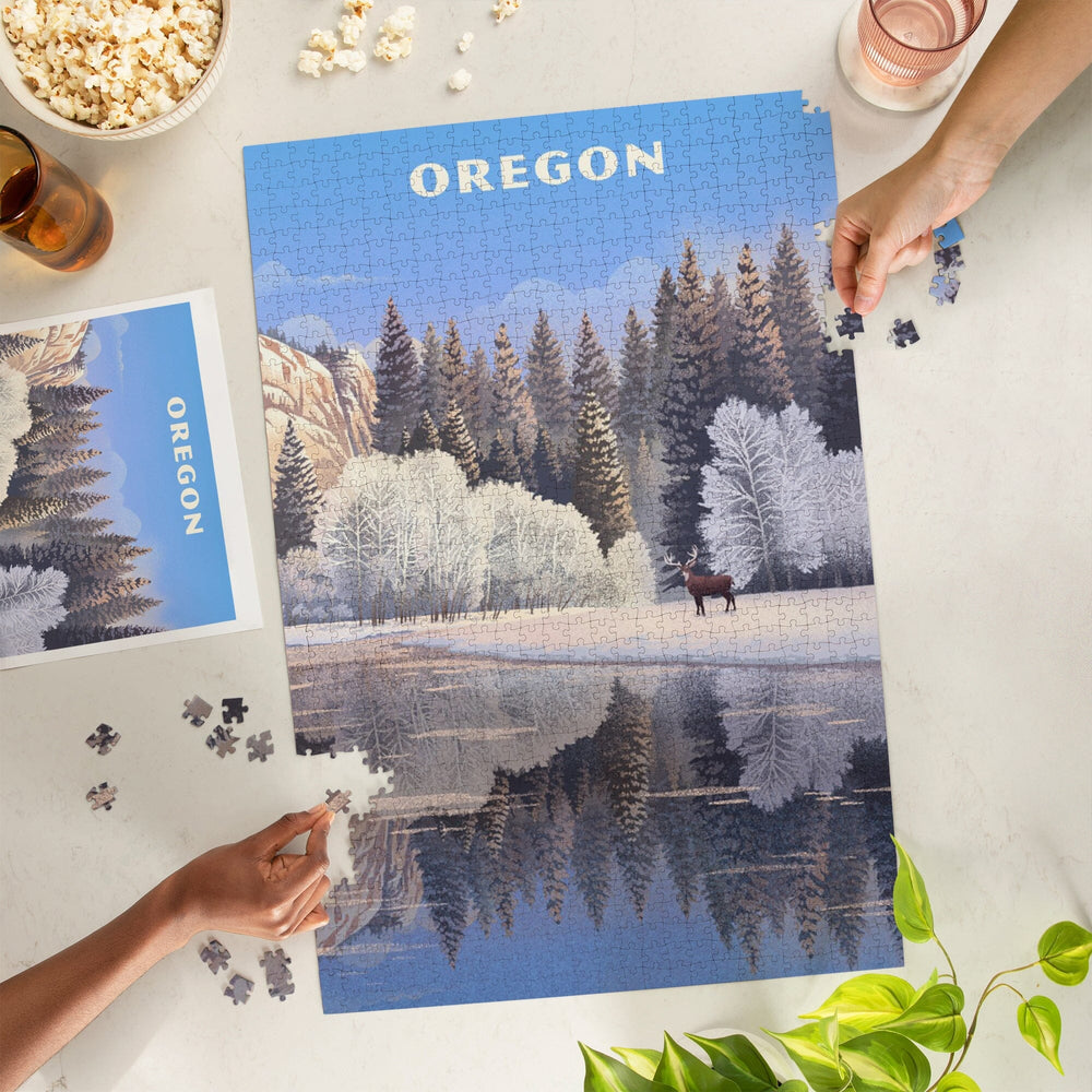 Oregon, Lithograph, Lone Deer By Snowy Lake, Jigsaw Puzzle Puzzle Lantern Press 
