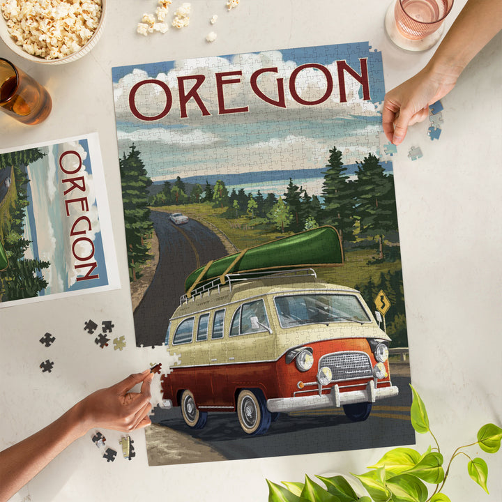 Oregon, LP Camper Van and Lake, Jigsaw Puzzle Puzzle Lantern Press 