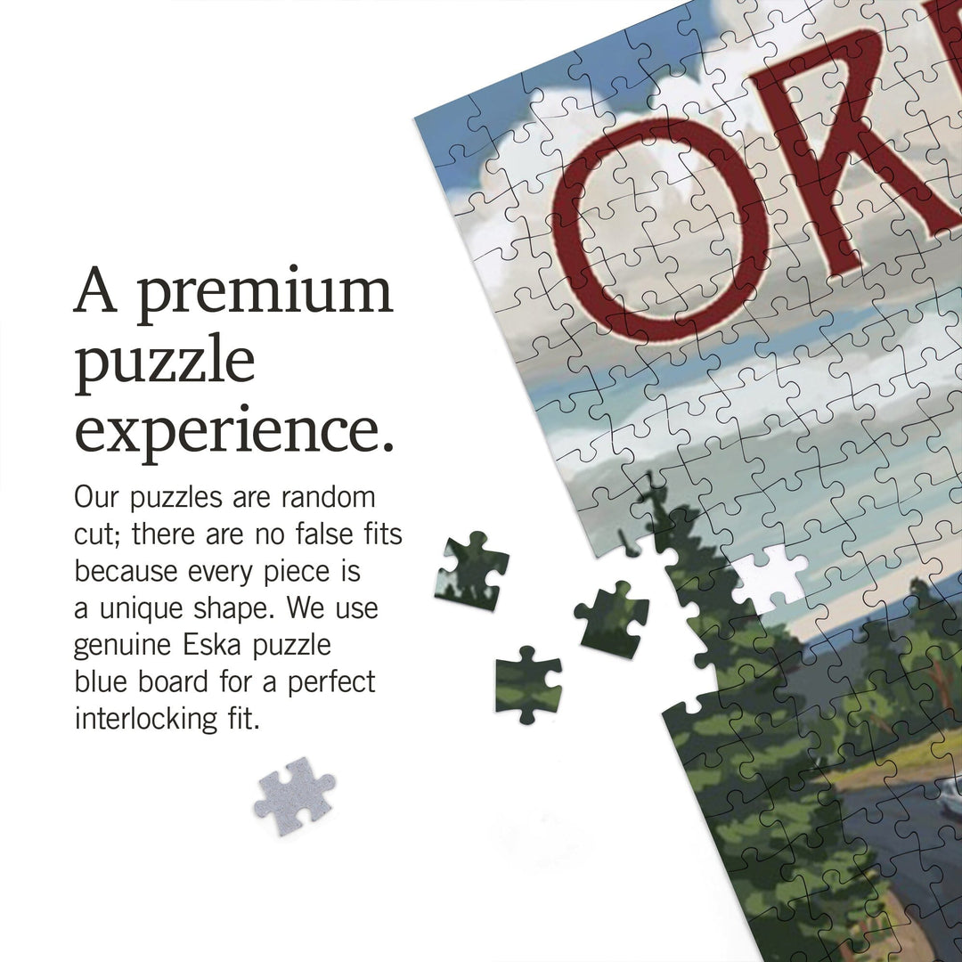 Oregon, LP Camper Van and Lake, Jigsaw Puzzle Puzzle Lantern Press 