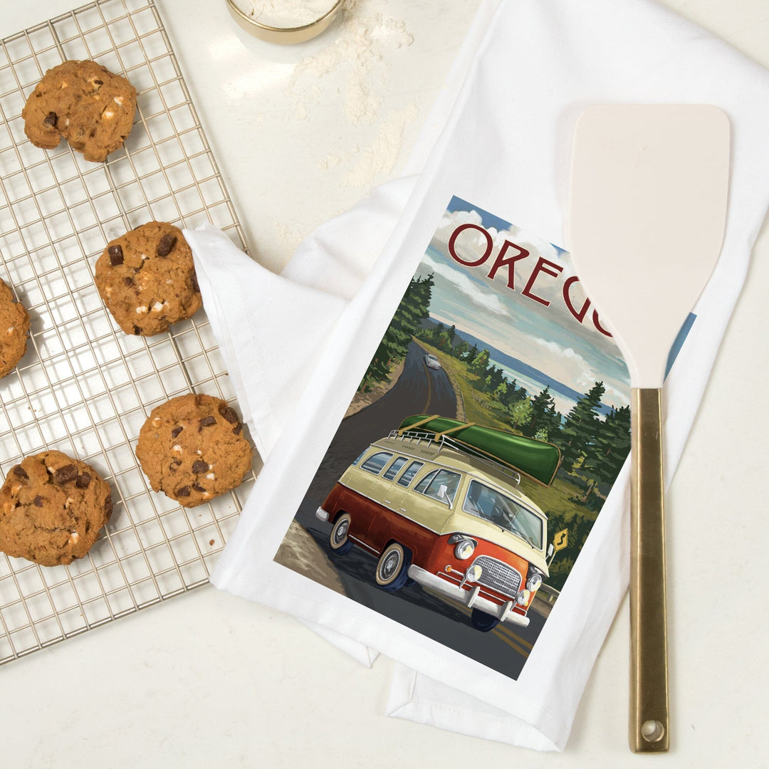 Oregon, LP Camper Van and Lake, Organic Cotton Kitchen Tea Towels Kitchen Lantern Press 