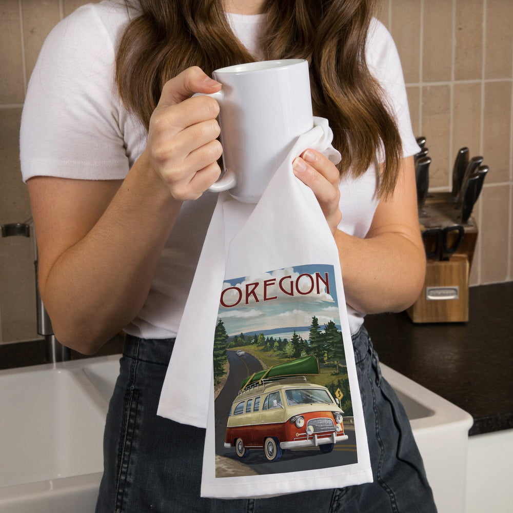 Oregon, LP Camper Van and Lake, Organic Cotton Kitchen Tea Towels Kitchen Lantern Press 